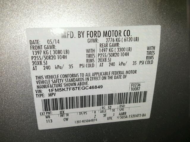 1FM5K7F87EGC46849 - 2014 FORD EXPLORER L SILVER photo 10