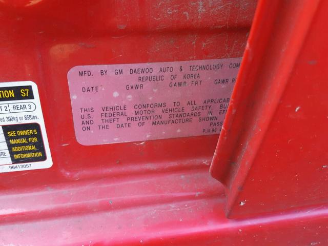 KL1TD62685B476490 - 2005 CHEVROLET AVEO BASE Rouge photo 10