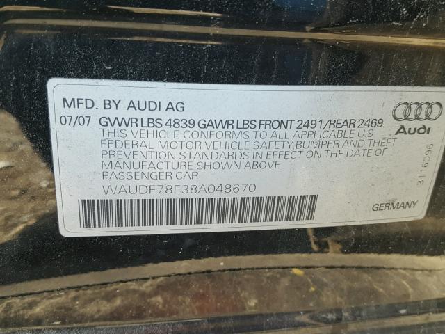 WAUDF78E38A048670 - 2008 AUDI A4 2.0T QU BLACK photo 10