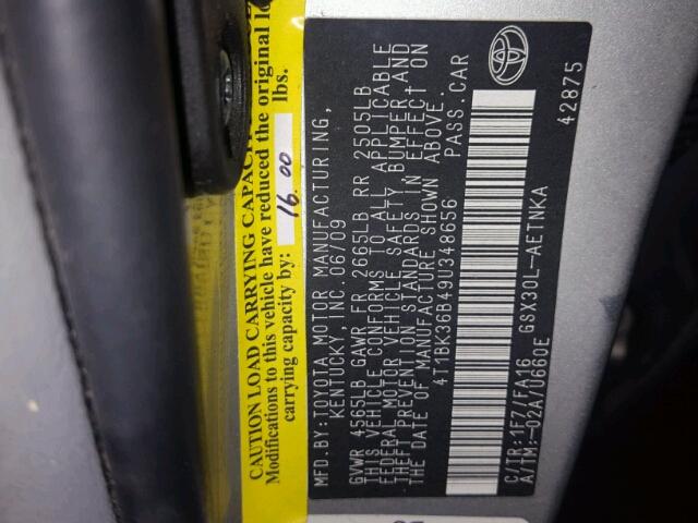 4T1BK36B49U348656 - 2009 TOYOTA AVALON XL GRAY photo 10