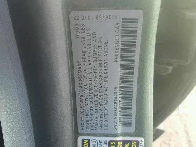 WVWTH63B04P142335 - 2004 VOLKSWAGEN PASSAT GLX GREEN photo 10