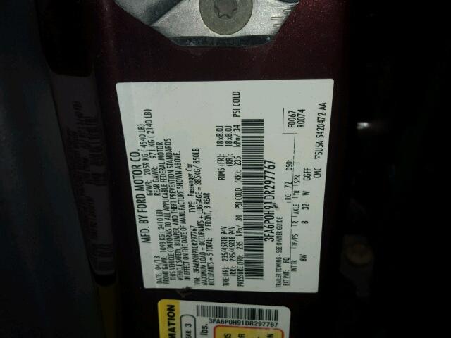 3FA6P0H91DR297767 - 2013 FORD FUSION BURGUNDY photo 10