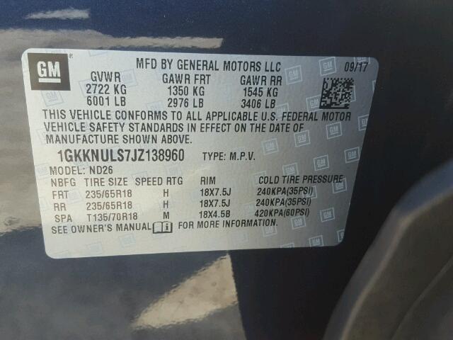 1GKKNULS7JZ138960 - 2018 GMC ACADIA SLT ნაცრისფერი ფოტო 10