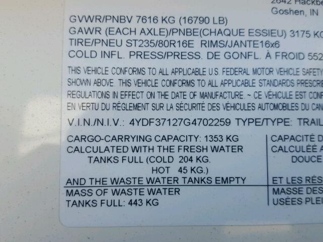 4YDF37127G4702259 - 2016 KEYSTONE MONTANA WHITE photo 10