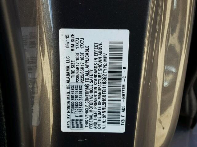 5FNRL5H6XFB118362 - 2015 HONDA ODYSSEY EX GRAY photo 10