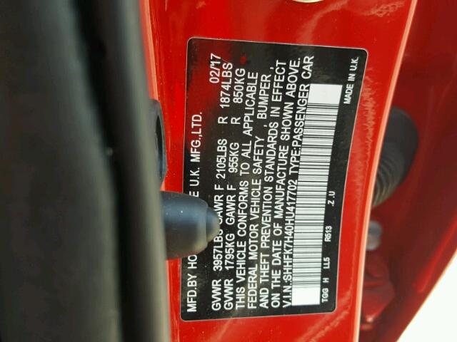 SHHFK7H40HU417702 - 2017 HONDA CIVIC SPOR RED photo 10