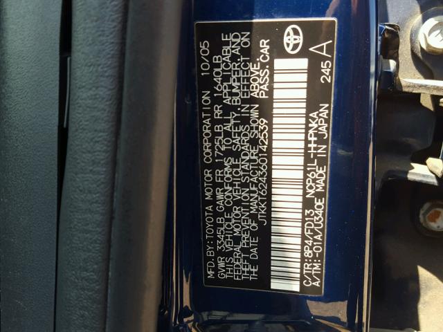 JTKKT624360142539 - 2006 TOYOTA SCION XA BLUE photo 10