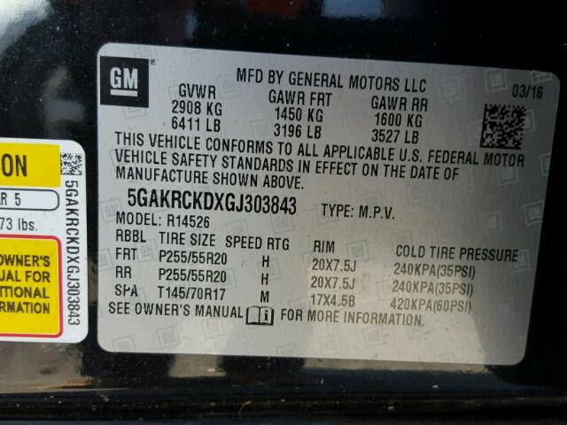 5GAKRCKDXGJ303843 - 2016 BUICK ENCLAVE შავი ფოტო 10