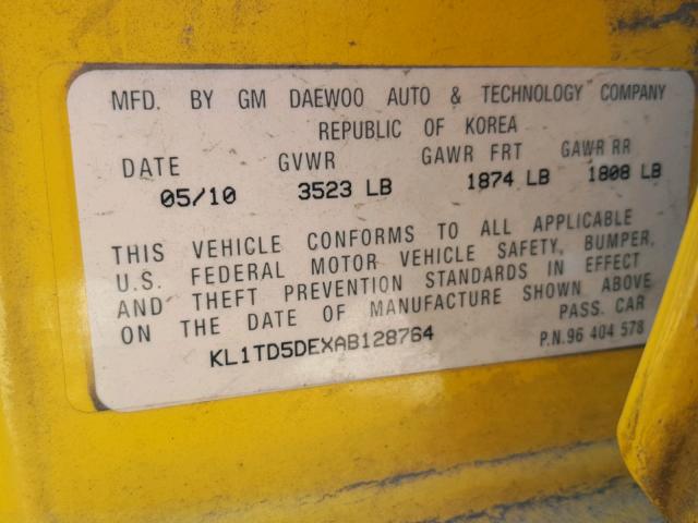 KL1TD5DEXAB128764 - 2010 CHEVROLET AVEO LS YELLOW photo 10