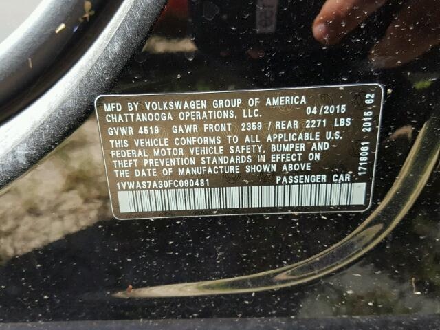 1VWAS7A30FC090481 - 2015 VOLKSWAGEN PASSAT S BLACK photo 10