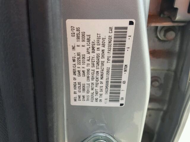 1HGCM56897A105802 - 2007 HONDA ACCORD EX SILVER photo 10