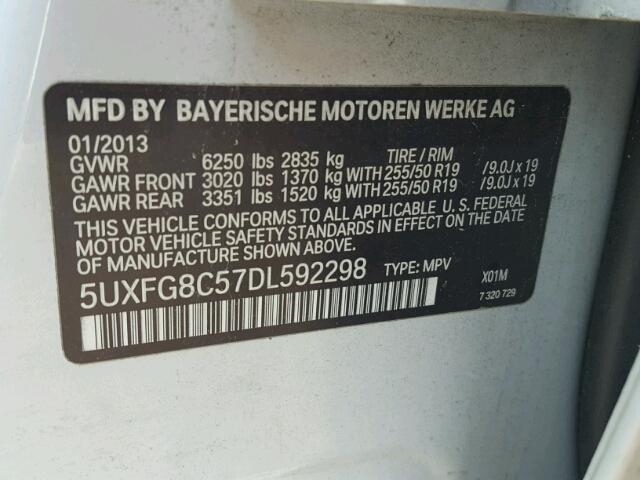 5UXFG8C57DL592298 - 2013 BMW X6 SILVER photo 10