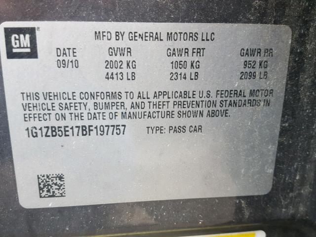 1G1ZB5E17BF197757 - 2011 CHEVROLET MALIBU LS ნაცრისფერი ფოტო 10