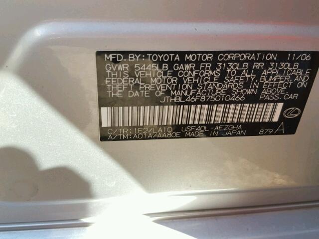 JTHBL46F875010466 - 2007 LEXUS LS SILVER photo 10