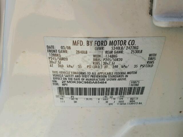 2FMDK39C98BA85484 - 2008 FORD EDGE LIMIT WHITE photo 10