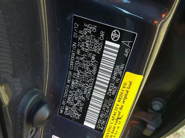 JTDKN3DU3C1488917 - 2012 TOYOTA PRIUS BLUE photo 10