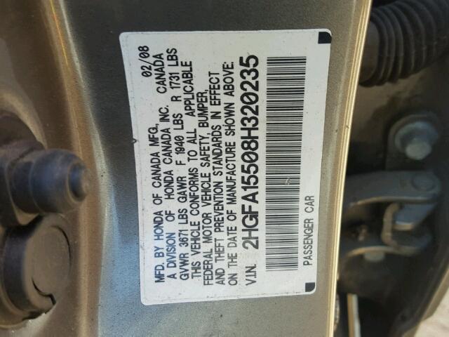 2HGFA15508H320235 - 2008 HONDA CIVIC LX GRAY photo 10