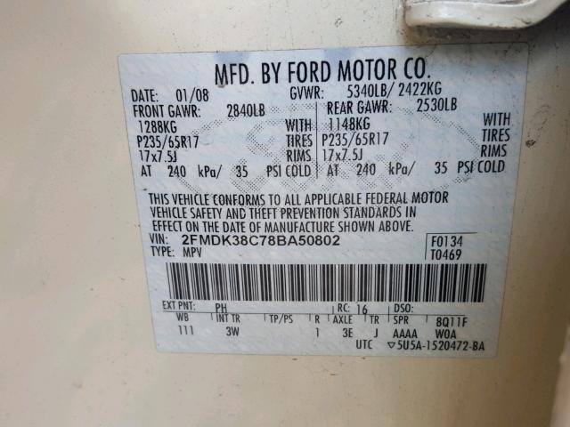 2FMDK38C78BA50802 - 2008 FORD EDGE SEL CREAM photo 10