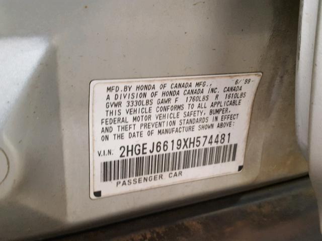 2HGEJ6619XH574481 - 1999 HONDA CIVIC BASE SILVER photo 10