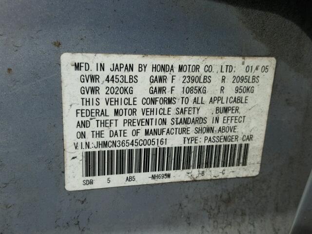 JHMCN36545C005161 - 2005 HONDA ACCORD SILVER photo 10