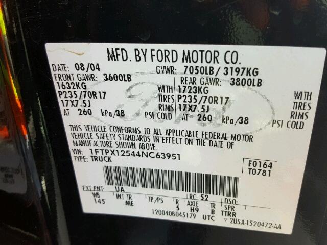 1FTPX12544NC63951 - 2004 FORD F150 BLACK photo 10