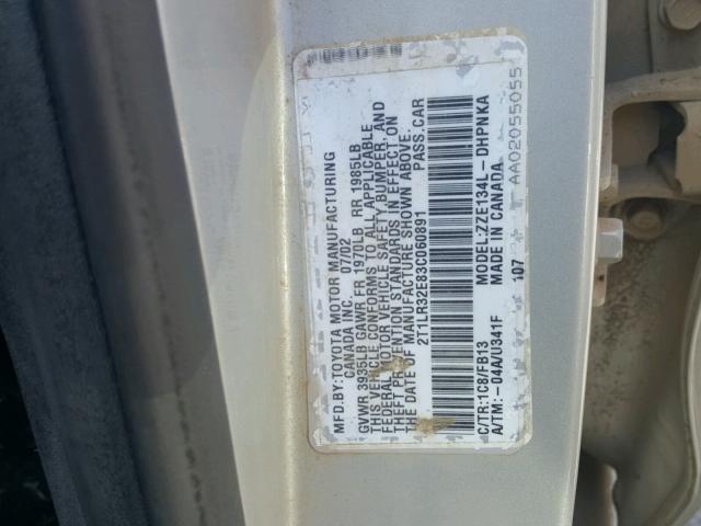 2T1LR32E83C060891 - 2003 TOYOTA COROLLA MA GRAY photo 10