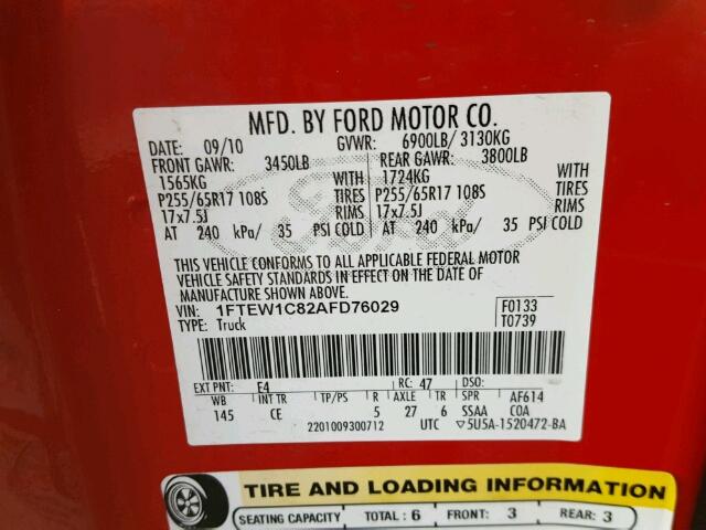 1FTEW1C82AFD76029 - 2010 FORD F150 SUPER RED photo 10