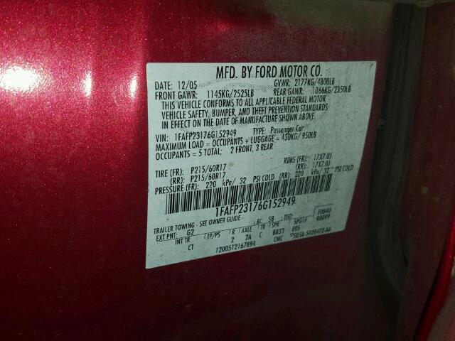 1FAFP23176G152949 - 2006 FORD FIVE HUNDR RED photo 10