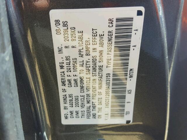 1HGCS12859A003159 - 2009 HONDA ACCORD EXL GRAY photo 10