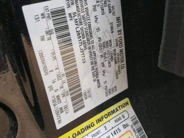 5LMFL28517LJ21733 - 2007 LINCOLN NAVIGATOR შავი ფოტო 10