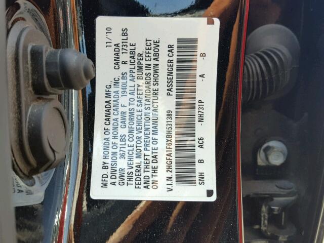 2HGFA1F6XBH531389 - 2011 HONDA CIVIC LX-S Қара фото 10