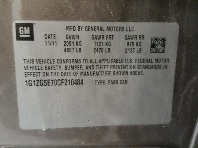 1G1ZG5E70CF210484 - 2012 CHEVROLET MALIBU LTZ ნაცრისფერი ფოტო 10