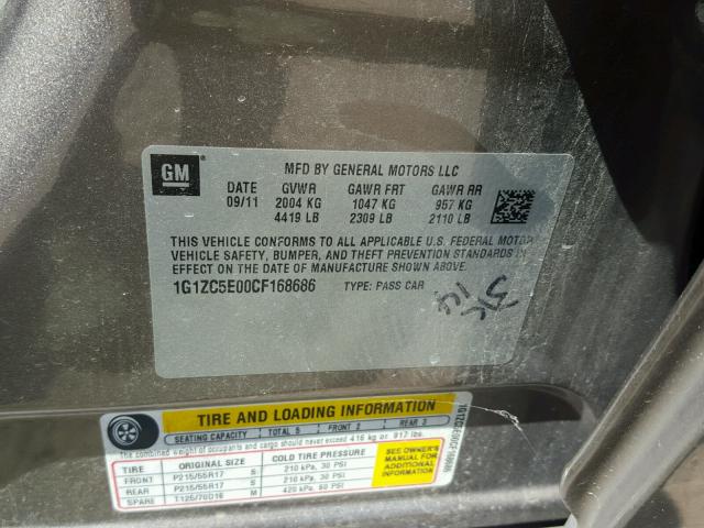 1G1ZC5E00CF168686 - 2012 CHEVROLET MALIBU 1LT 灰色 照片 10