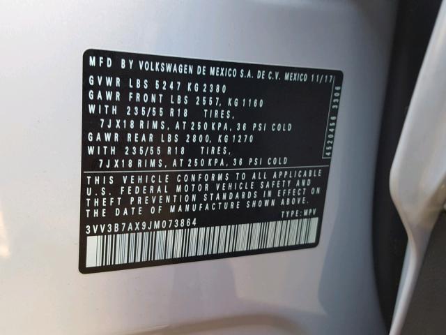 3VV3B7AX9JM073864 - 2018 VOLKSWAGEN TIGUAN SE Білий фото 10