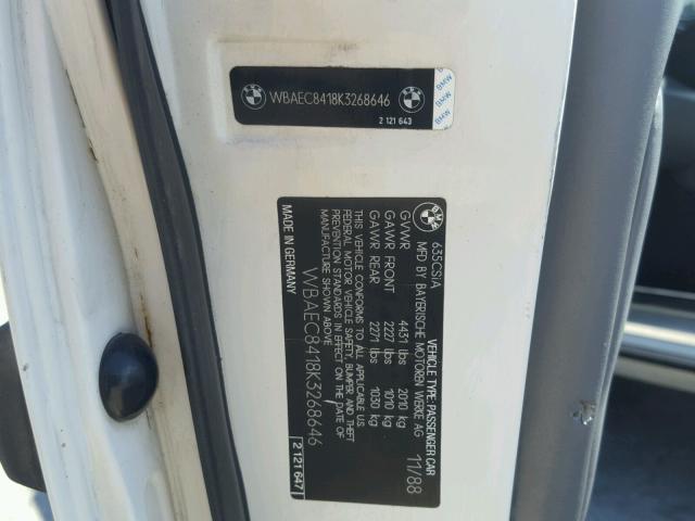 WBAEC8418K3268646 - 1989 BMW 635 CSI AU WHITE photo 10