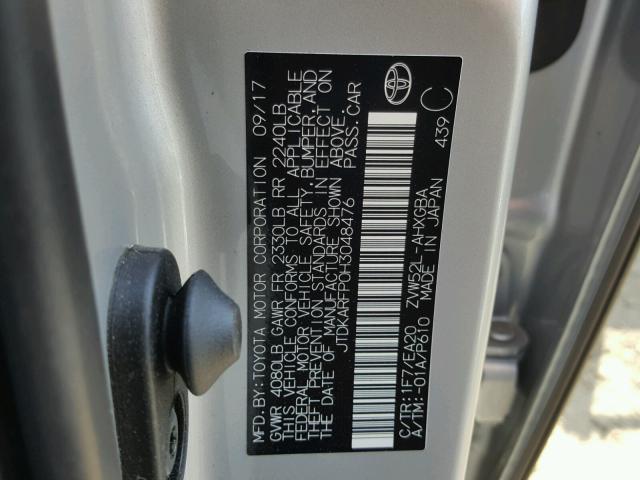 JTDKARFP0H3048476 - 2017 TOYOTA PRIUS PRIM ვერცხლისფერი ფოტო 10