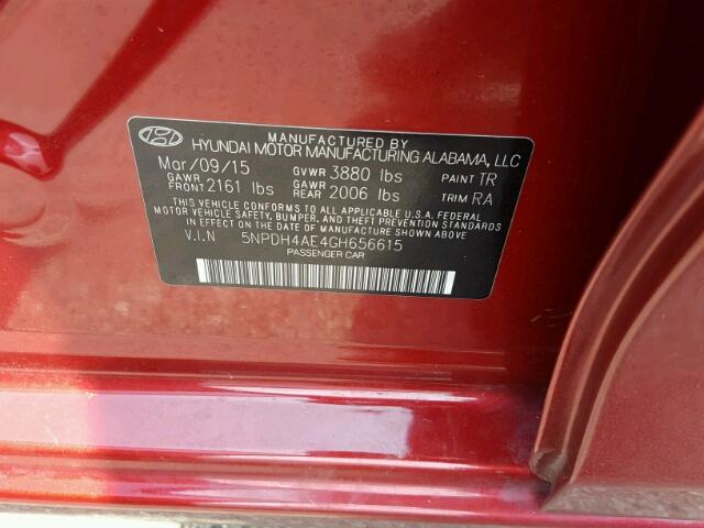 5NPDH4AE4GH656615 - 2016 HYUNDAI ELANTRA SE RED photo 10