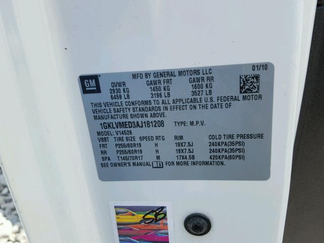 1GKLVMED3AJ181208 - 2010 GMC ACADIA SLT 白色 照片 10