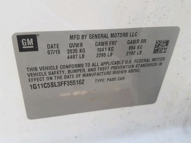 1G11C5SL3FF355162 - 2015 CHEVROLET MALIBU 1LT WHITE photo 10