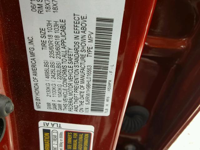 5J6RW1H98HL016563 - 2017 HONDA CR-V TOURI RED photo 10