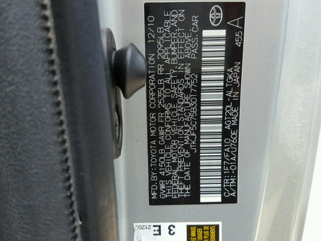 JTKJF5C75B3017752 - 2011 TOYOTA SCION TC ვერცხლისფერი ფოტო 10