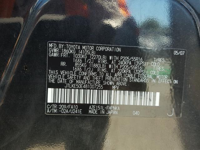 JTLKE50E481007255 - 2008 TOYOTA SCION XB Қара фото 10