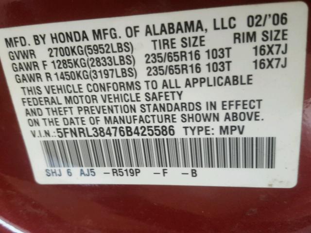 5FNRL38476B425586 - 2006 HONDA ODYSSEY EX MAROON photo 10