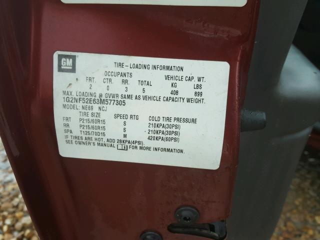 1G2NF52E63M577305 - 2003 PONTIAC GRAND AM S 勃艮第红 照片 10