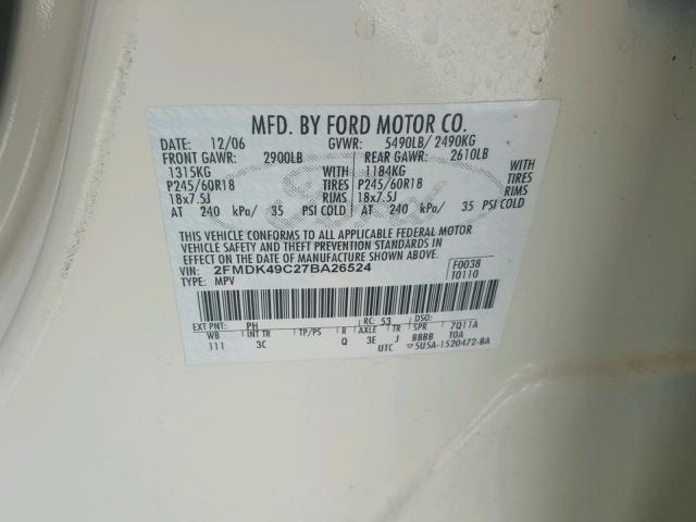 2FMDK49C27BA26524 - 2007 FORD EDGE SEL P TAN photo 10