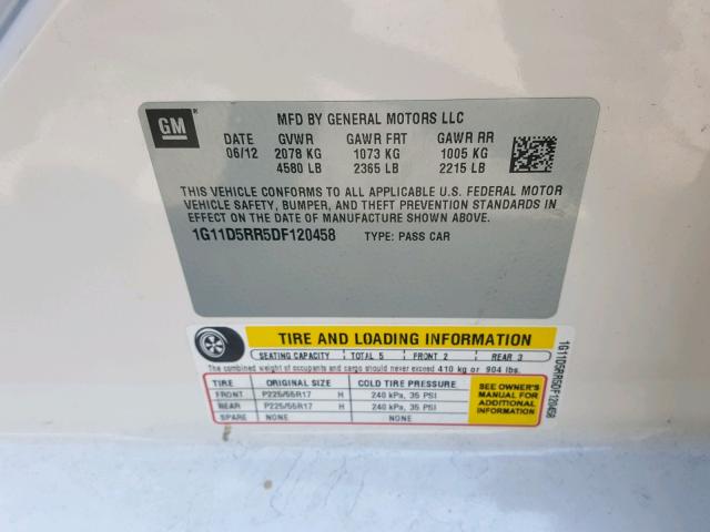 1G11D5RR5DF120458 - 2013 CHEVROLET MALIBU 1LT 白色 照片 10