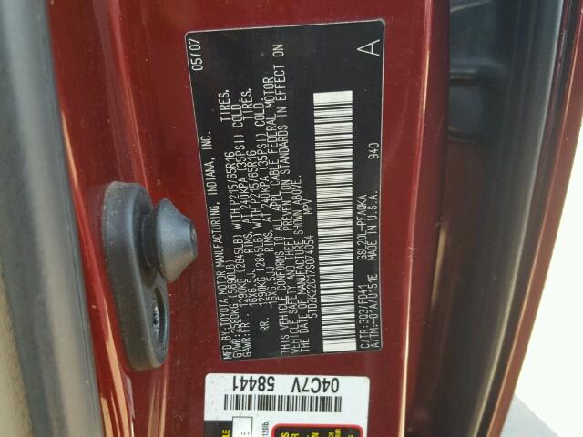 5TDZK22C17S074054 - 2007 TOYOTA SIENNA XLE RED photo 10