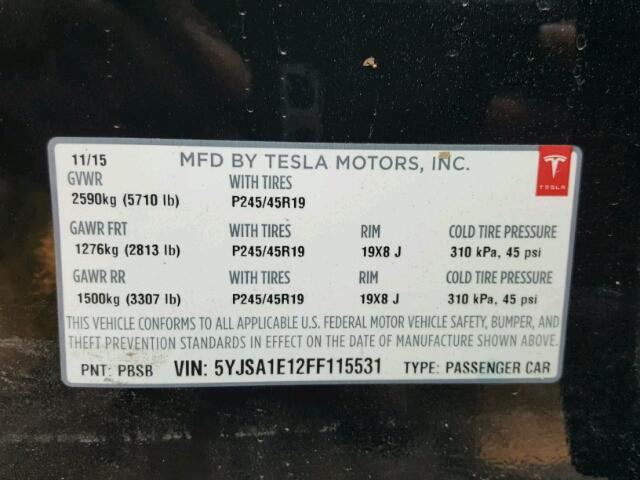 5YJSA1E12FF115531 - 2015 TESLA MODEL S BLACK photo 10