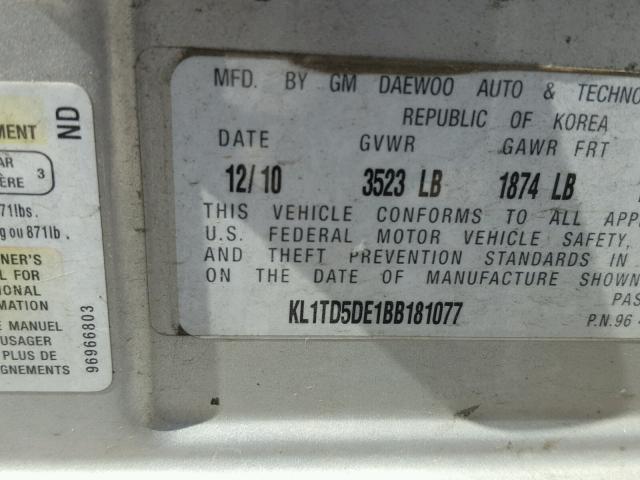 KL1TD5DE1BB181077 - 2011 CHEVROLET AVEO LS 银色 照片 10