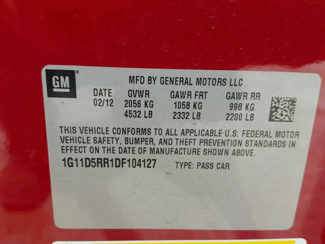 1G11D5RR1DF104127 - 2013 CHEVROLET MALIBU 1LT მუქწითელი ფოტო 10